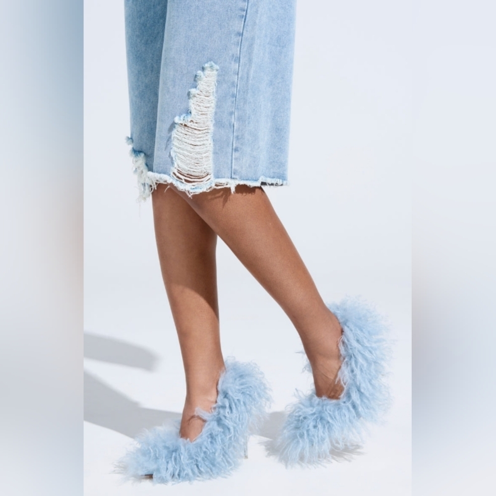 AZALEA WANG "Bluebell Sky Fluffs" Woman's Fur Stilettos In Blue - Picture 3 of 6